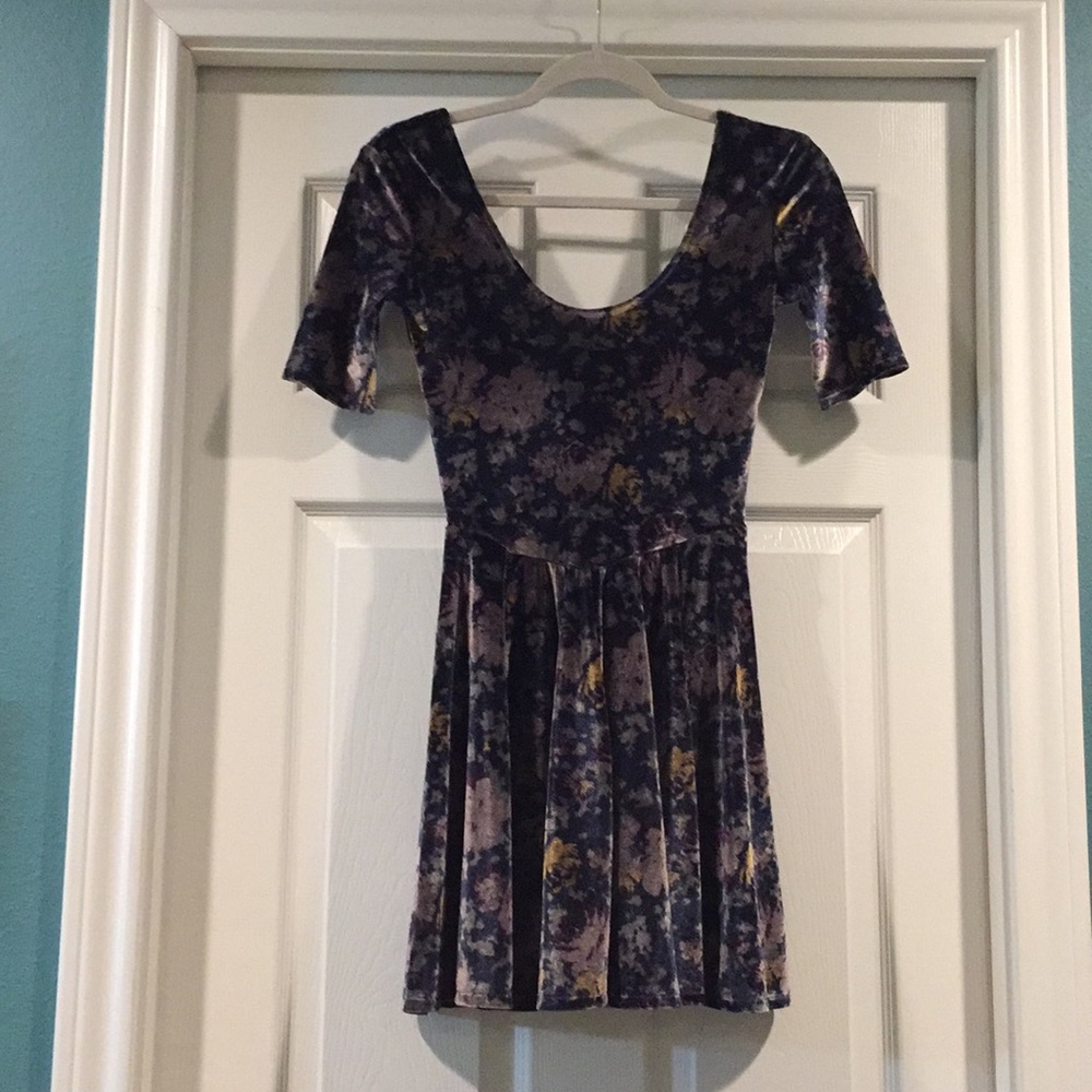 Deep Blue Patterned Floral Velvet Skater Dress